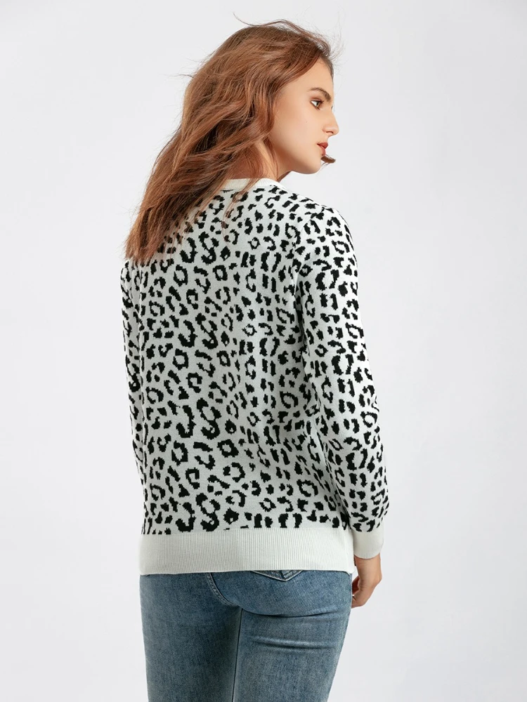 Nuevo en invierno, jerseys para mujer con estampado de leopardo, jersey básico con cuello redondo, Tops Vintage, suéteres de punto cálidos para mujer, ropa