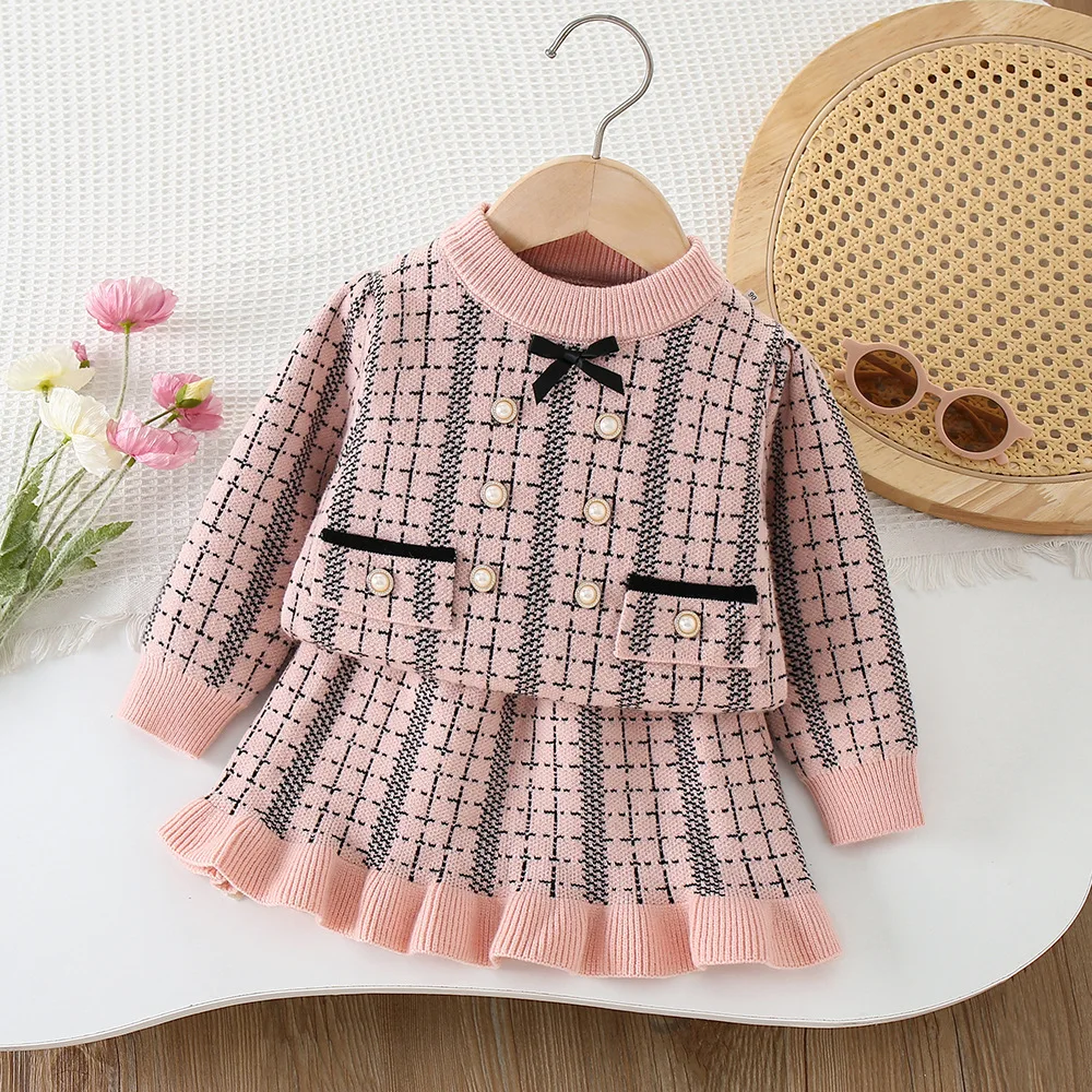 

Girls Dress Clothes Sets Spring Autumn Children Woolen Jersey Sweaters Coats Skirts Kids Princess Suit For Baby Knitted Outfits