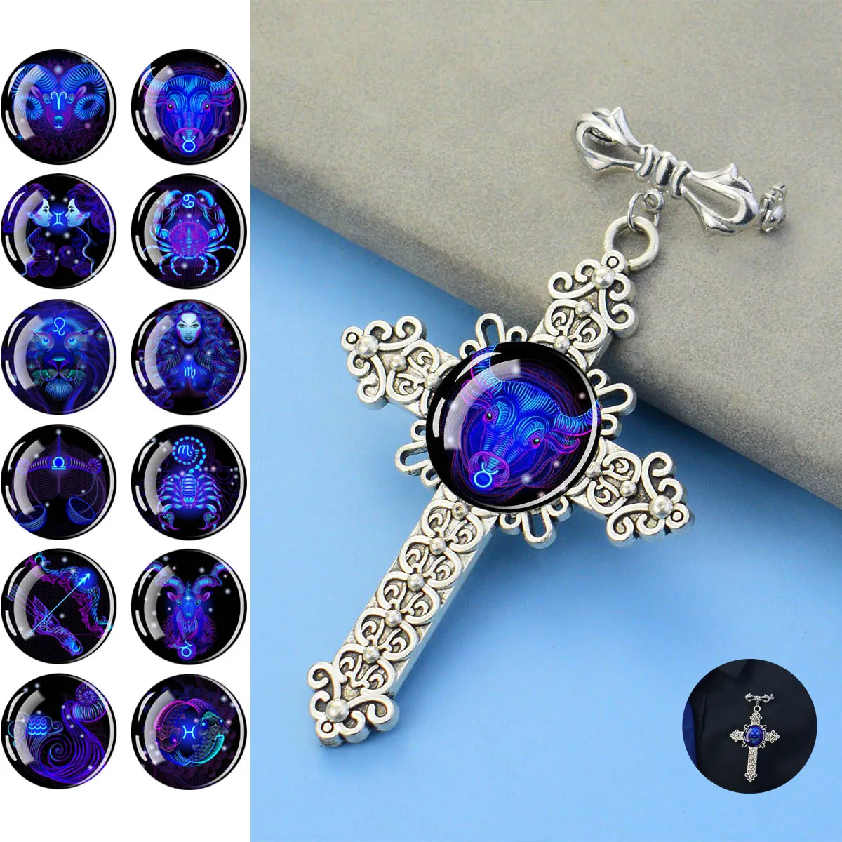 Black 12 Zodiac Glass Dome Cross Bow Tie Pin Lapel Pin Birthday Jewelry Accessories Constellation Enthusiasts or Birthdays Gift