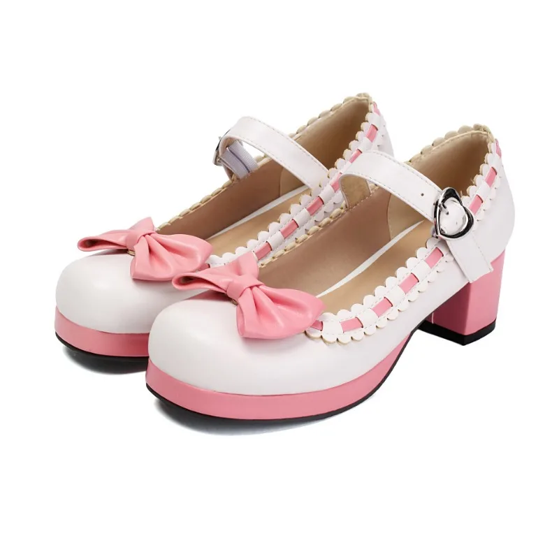 Japanese Mori Style Lolita Shoes Black White Contrast Color Bow Decor One Buckle Strap Chunky Heel Sweet Girls Daily