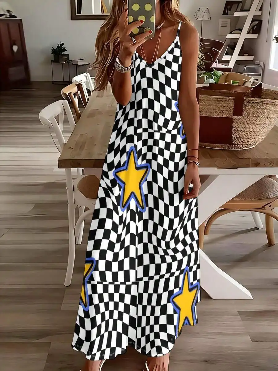 

Black White Checkerboard Yellow Star Print Spaghetti Strap Maxi Dress Polyester Lightweight Breathable