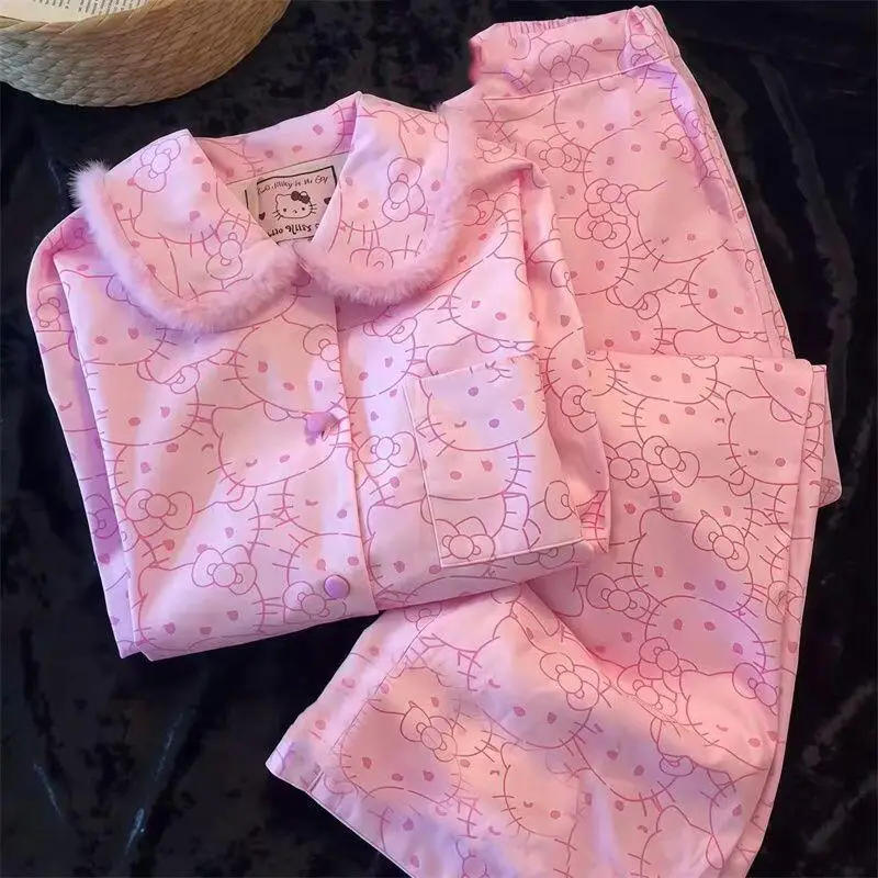 

Sanrio Hello Kitty Women Sleeping Pajamas Set Cuteore Cartoon Winter De Rong Warm Sleepwear Long Sleeve Pant Nightwear Home Suit
