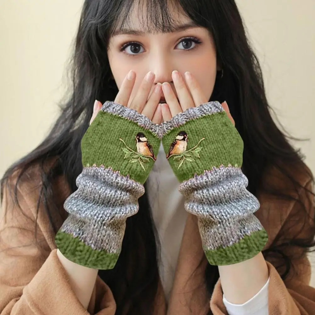 1 Pair Fall Winter Gloves Fingerless Knitted Bird Embroidery Arm Warmers Colorblock Arm Sleeves Keep Warm Cycling Wrist Covers