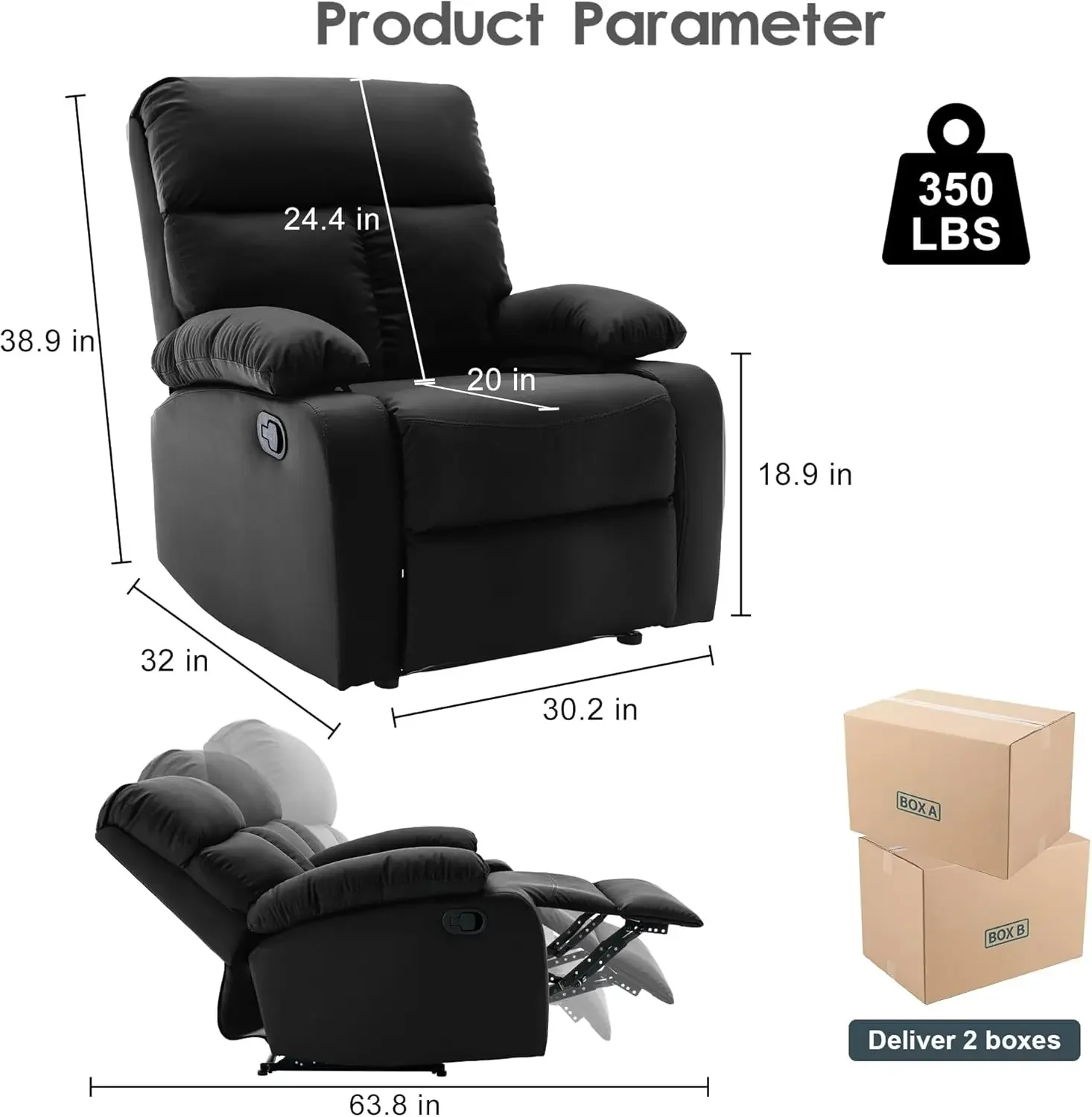 Fauteuil inclinable manuel pour adultes, cuir anti-rayures, petit canapé noir pour camping-car ou salon