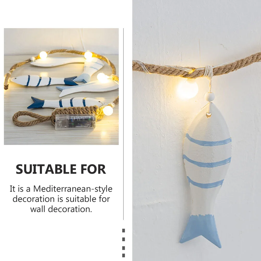 

1pc Led Night Light Fish String Hanging Decor Mediterranean Style Wooden Wall Pendant Home Room Ornament Wall-Mounted Charm
