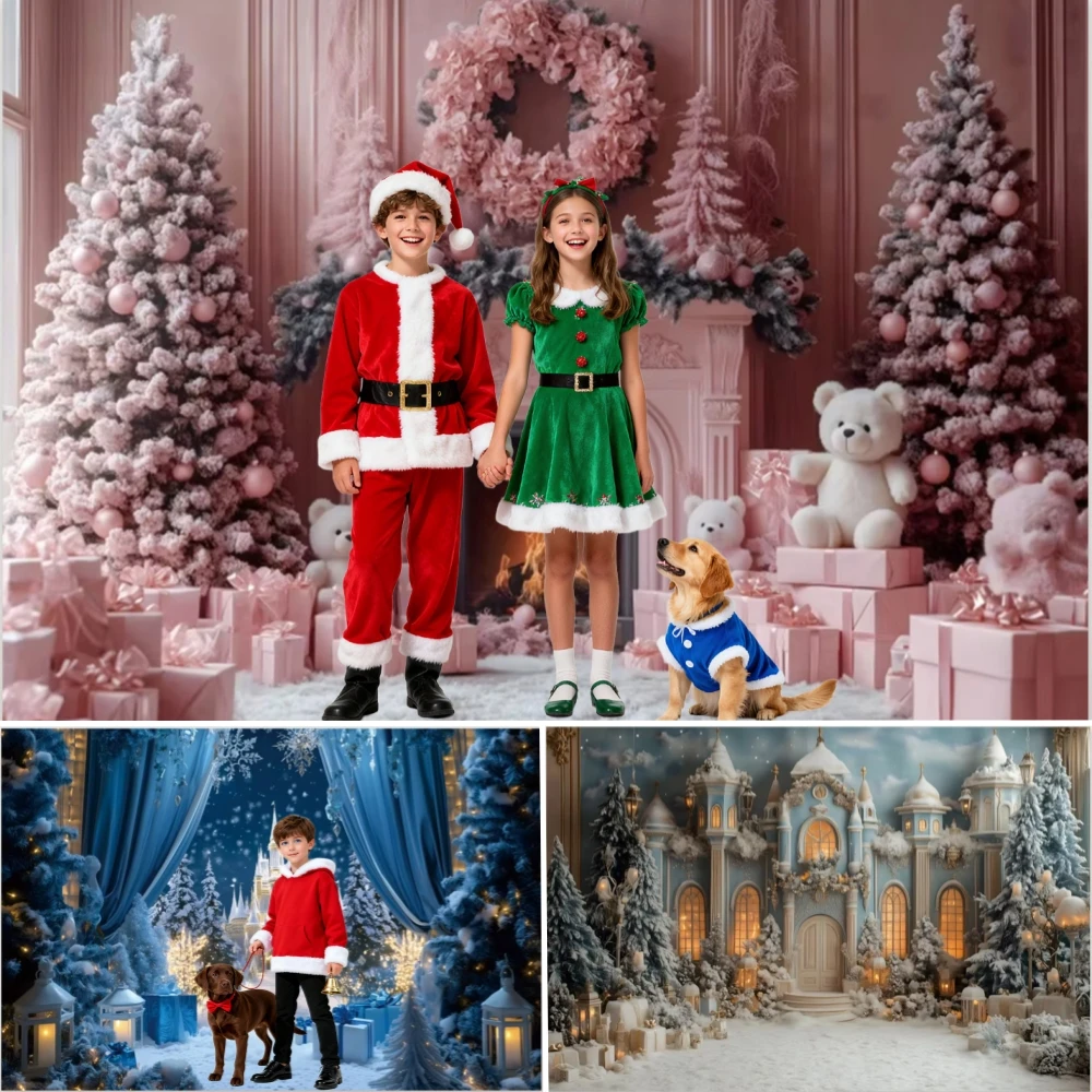 

Christmas Castle Theme Photography Background Cute Bear Pink Blue White Snowy Scene Family Party Decoration Photography Props