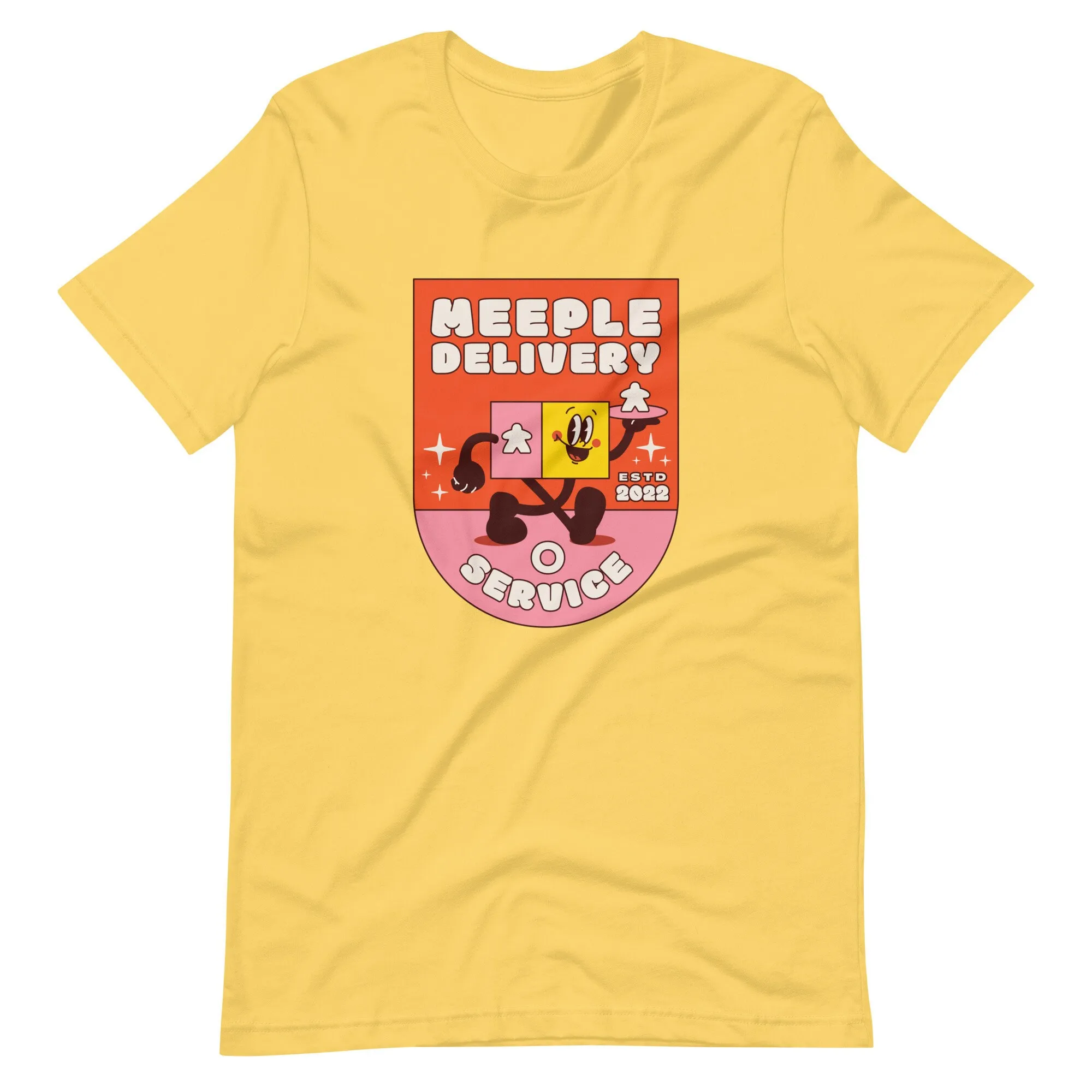 Meeple Shirt Board Game Delivery Service Retro Yellow Red Pink