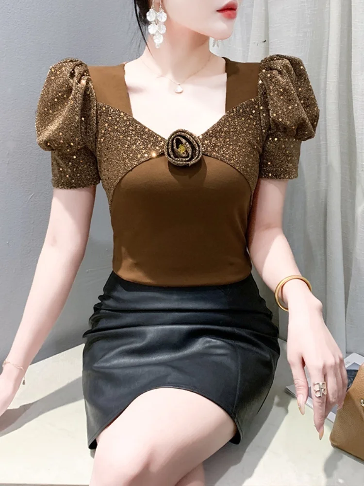 Estate nuovi vestiti europei T-shirt da donna Diamanti lucidi che bordano top Femme T-shirt in cotone con maniche corte a sbuffo