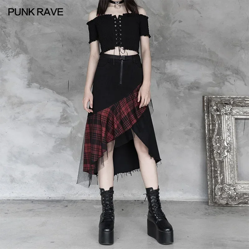 

PUNK RAVE Women's Punk Darkness Medium-length Plaid Mesh Splicing Irregular Skirt Personality Elegant High-waisted Girl Skirts