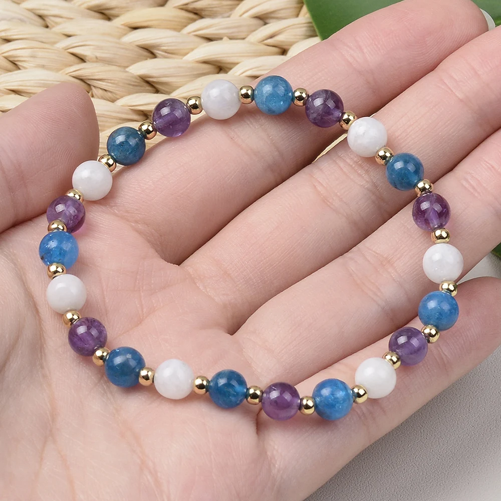 Wholesale 6mm Amethyst Moonstone and Green Angelite Round Beads Stretchable Bracelets for Women Daily Jewelry Gift