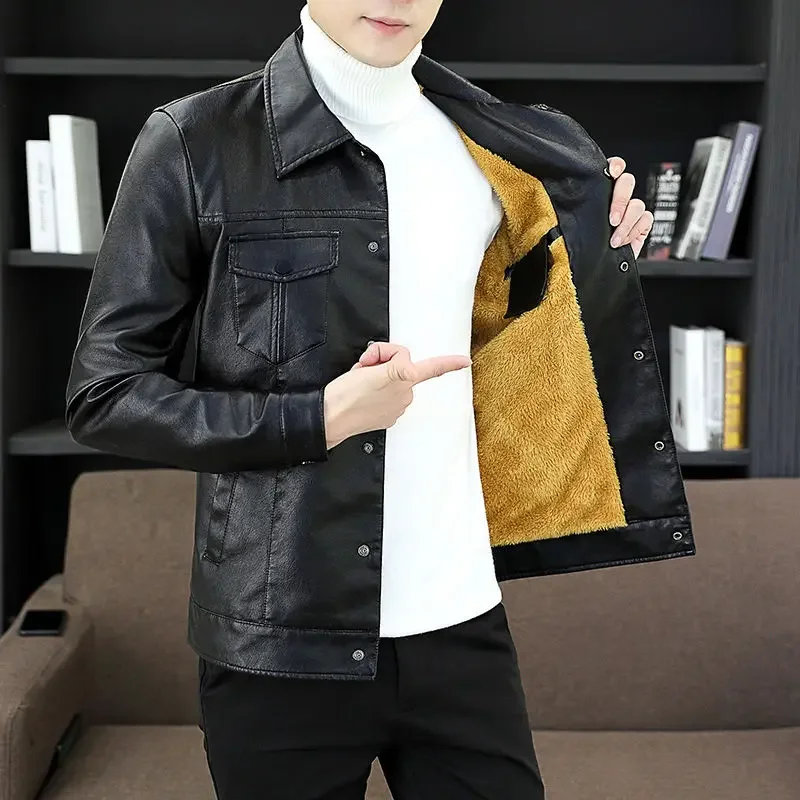 2025 Spring Leather Men's New Lapel Handsome Casual Thin Plus Fleece Coat Young Slim Korean Wear Fashion Trend Zipper Jacket