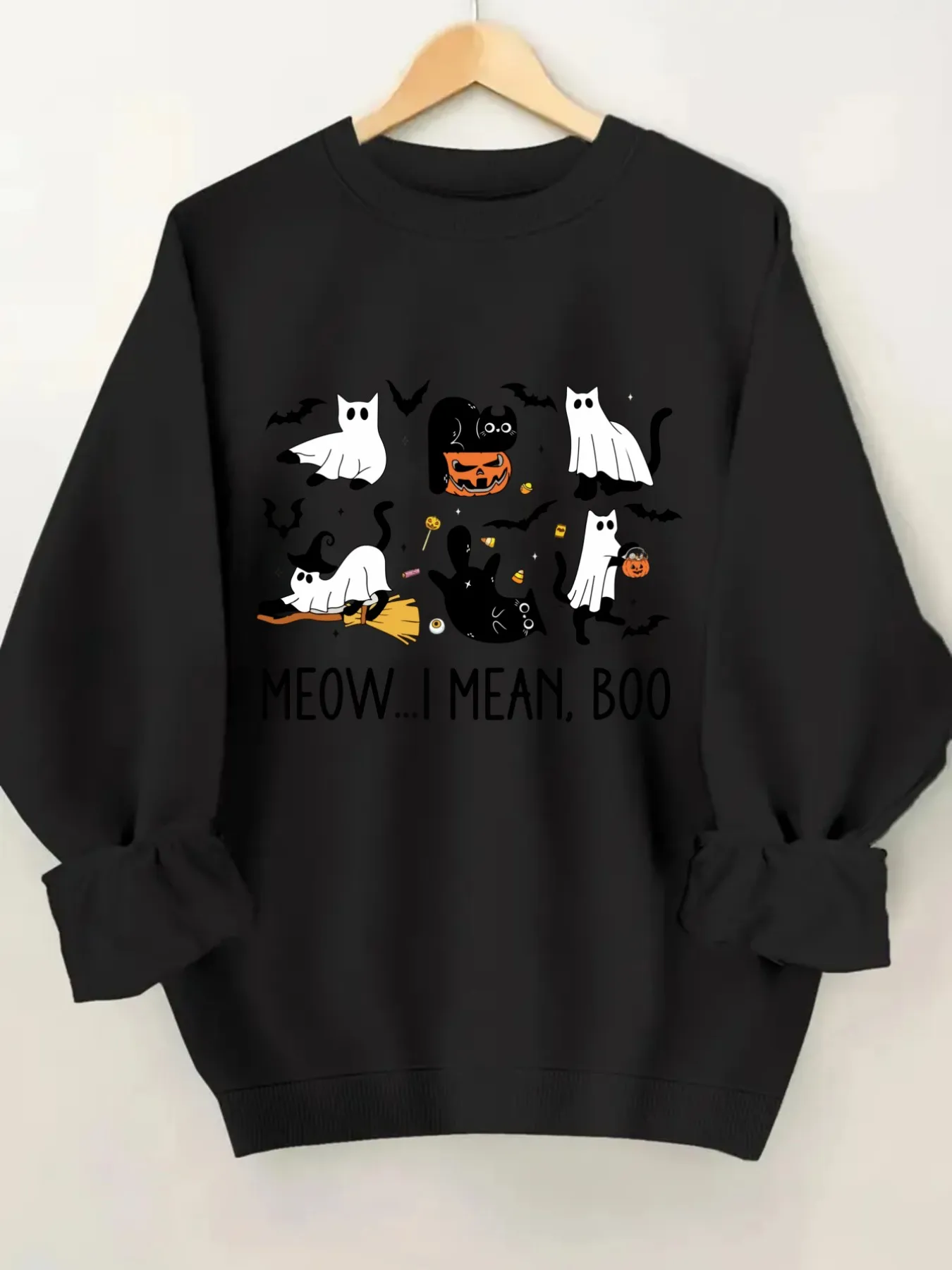 Women's Crew Neck Pullover Sweatshirt Halloween Cat Print Design, Soft Casual Long Sleeve, Daily Casual Top Outfit, Winter Women's Clothing, Halloween Costume Outfit