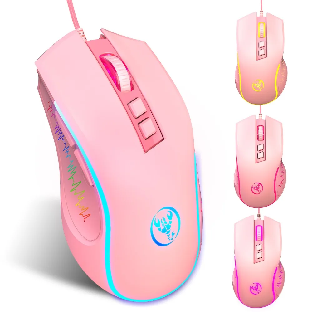 RGB Wired Gaming Mouse Pink 7 Buttons 3600 DPI 4 Gear Adjustable 7-color Backlight Ergonomic Mouse for Women Office PC Laptop