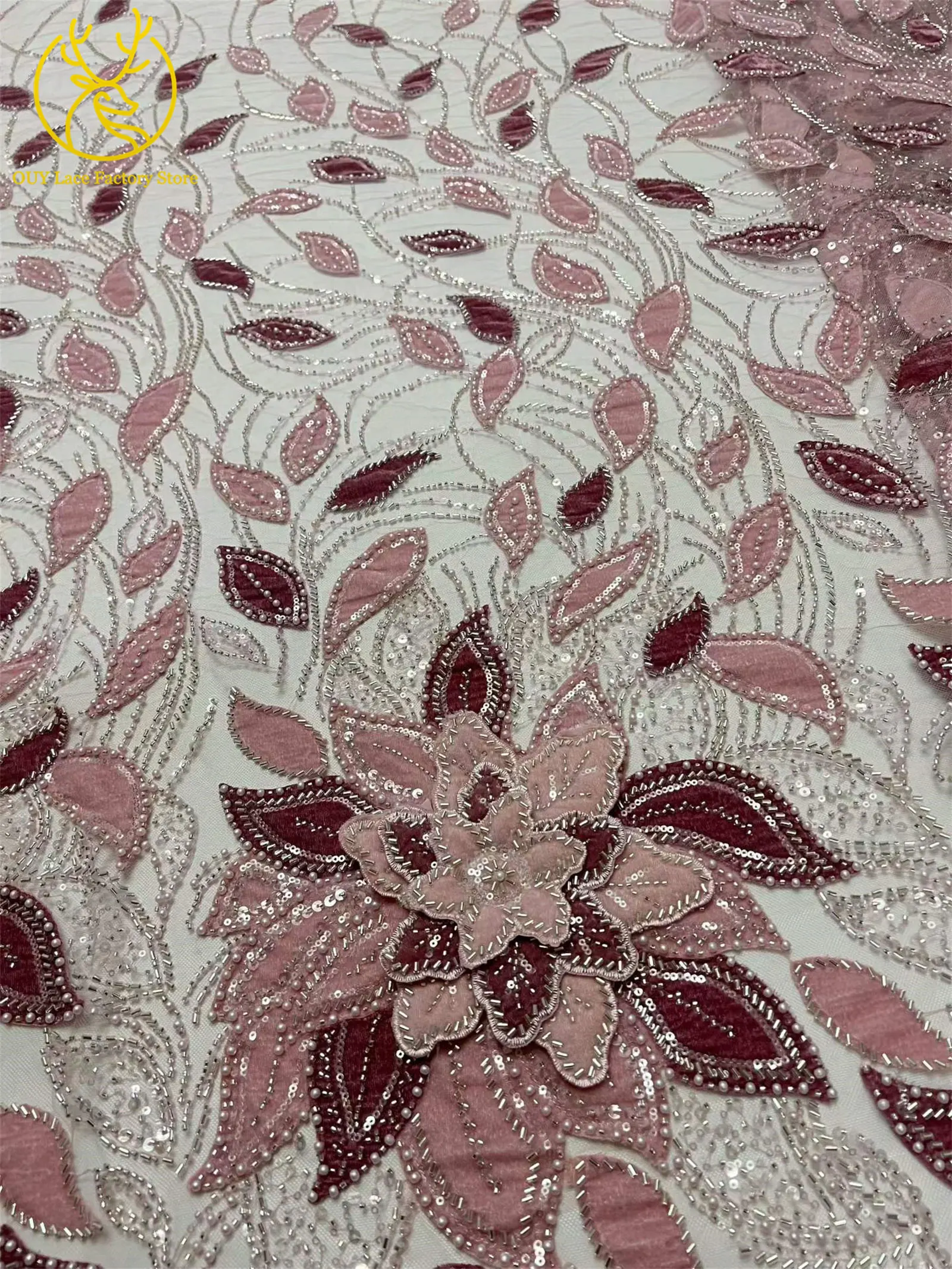 3D-Blumen handgefertigter Perlen-Spitzenstoff, afrikanischer Spitzenstoff, exquisiter nigerianischer Pailletten-Tüll-Spitzenstoff für Hochzeitskleider zum Nähen – Detail 9