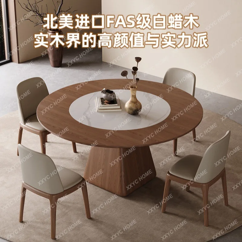 XX LXWabi Sand wind embedded rock slab turntable solid wood round dining table household round table antique style