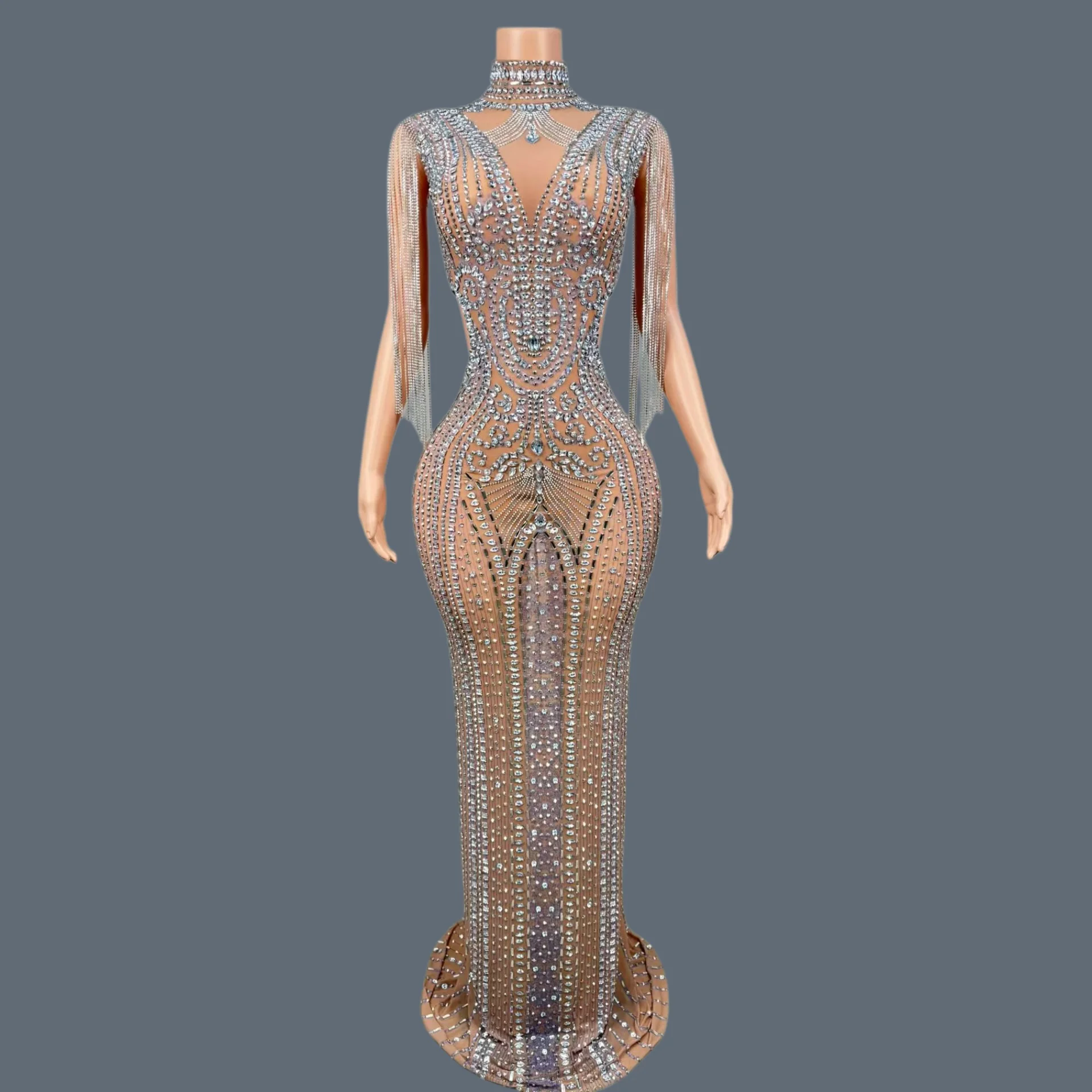 

Luxury Elegant Attractive Evening Gown Sparkly Rhinestone Tassel Crystals Long Formal Dress Birthday Party Prom Outfit Jingzhe