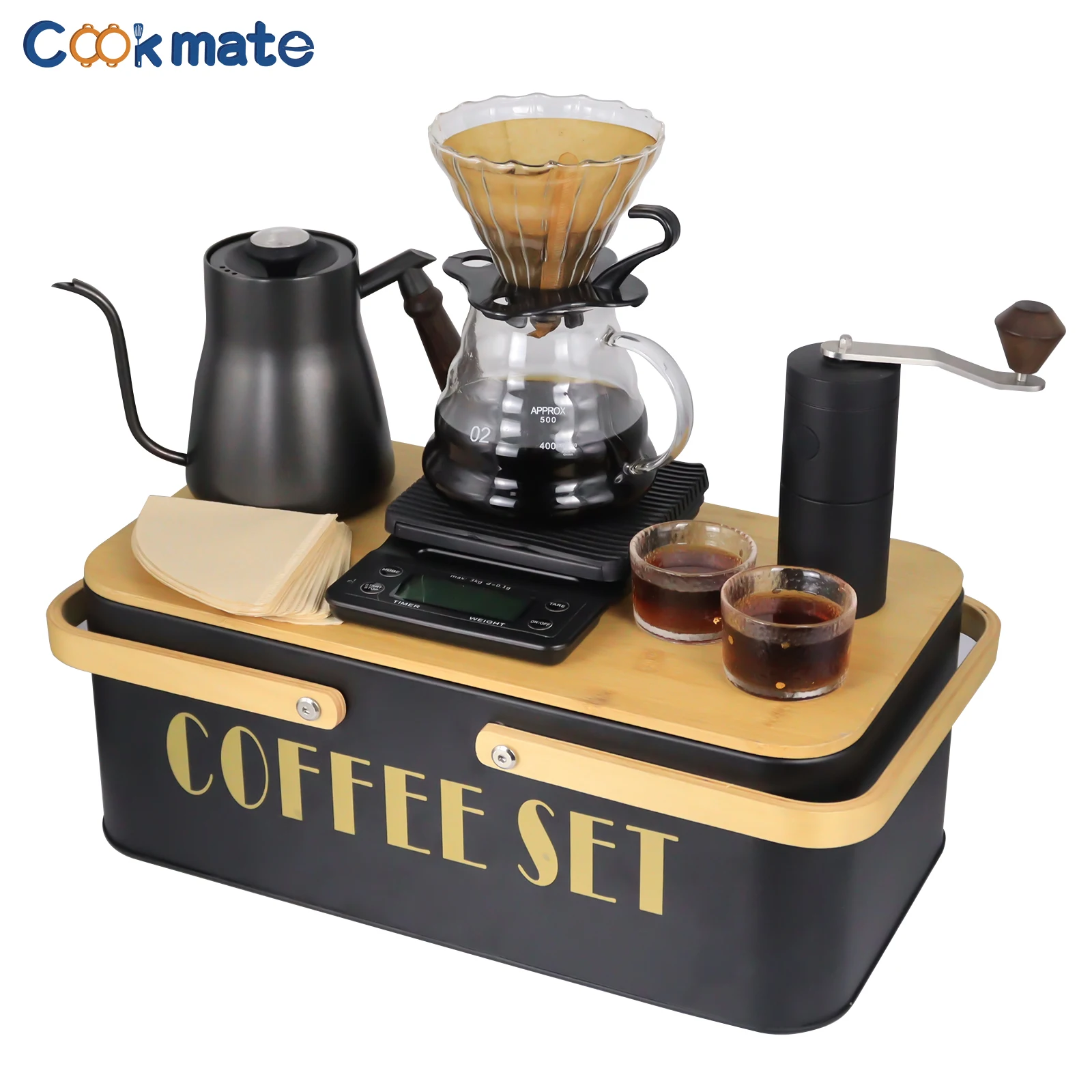 Pour Over Coffee Maker Set for Outdoor Camping Fishing with Box Manual Grinder kettle Glass Dipper Server Cup Filter Paper