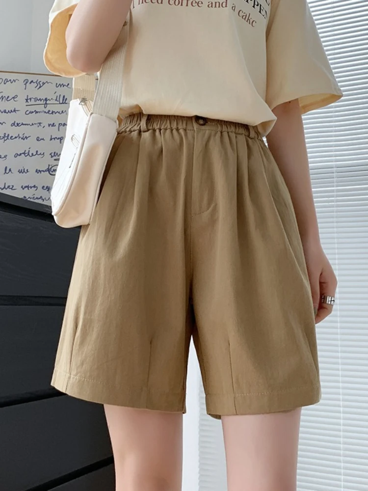 2026 Summer New Cotton Pocket Shorts For Women Elastic Waist With Drawstring Loose Wide Leg Solid Color Bermuda Pants