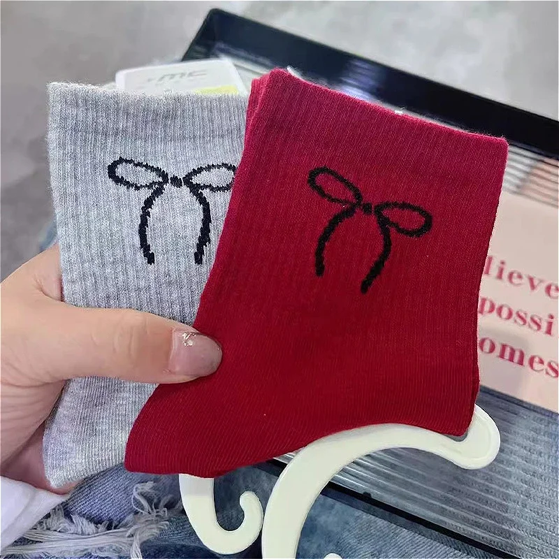 2024 Winter Ankela Red Bow Middle Socks JK Lolita Cute Boat Sock Sweet Girls Simple Solid Color Autumn Stockings Butterfly Socks