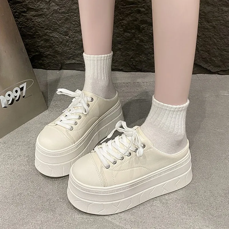 Half Slippers 7.5CM Spring Summer Women's Casual Shoes Platform Ladies Slippers Lace Up Elevator Shoe Low Top Female Footwear