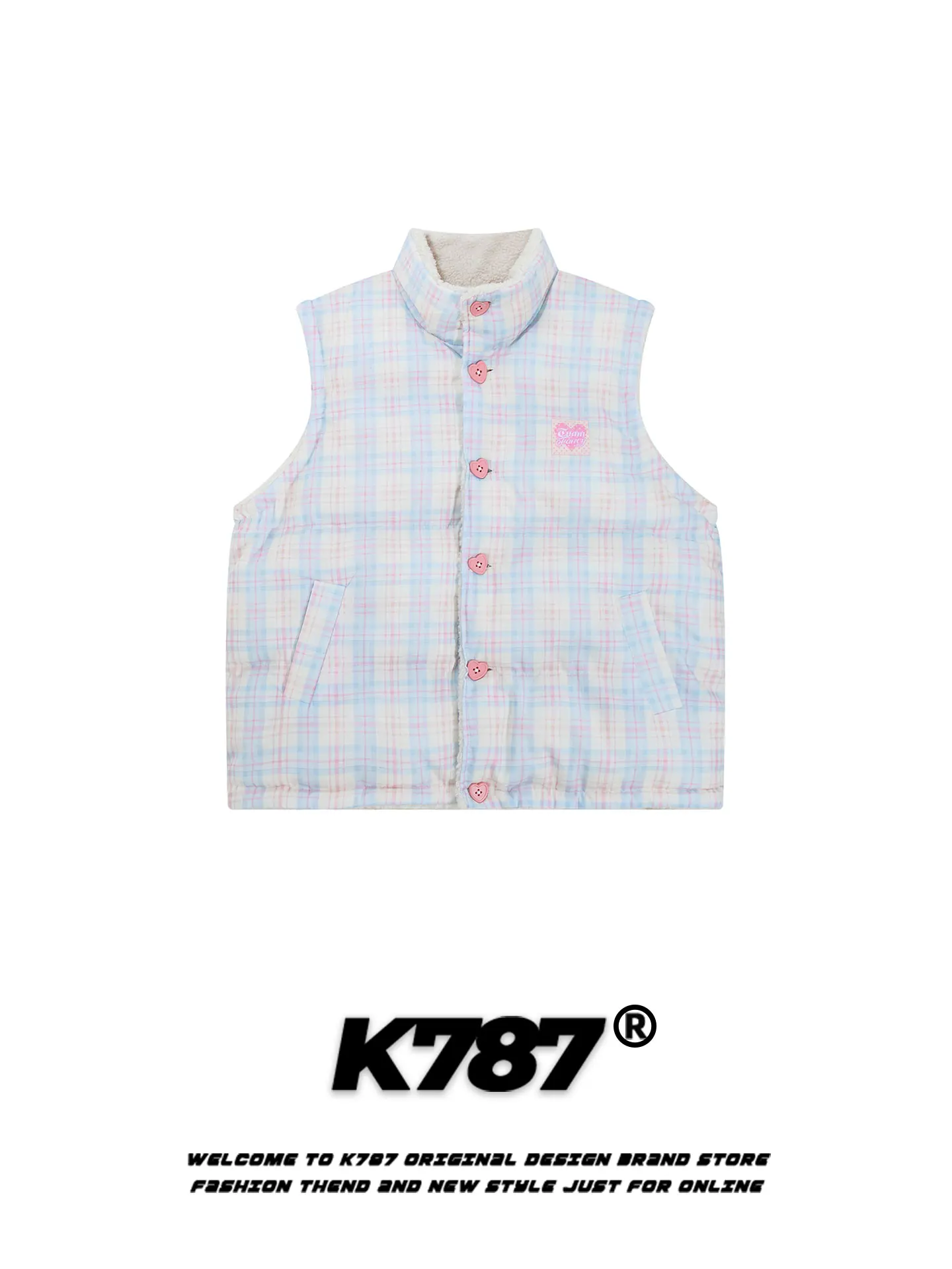 

K787 American Retro Plaid Double-Sided Wearable Stand Collar Vest Women's Gentle Sweet Sle Warm Layering Soft Outerwear Winter