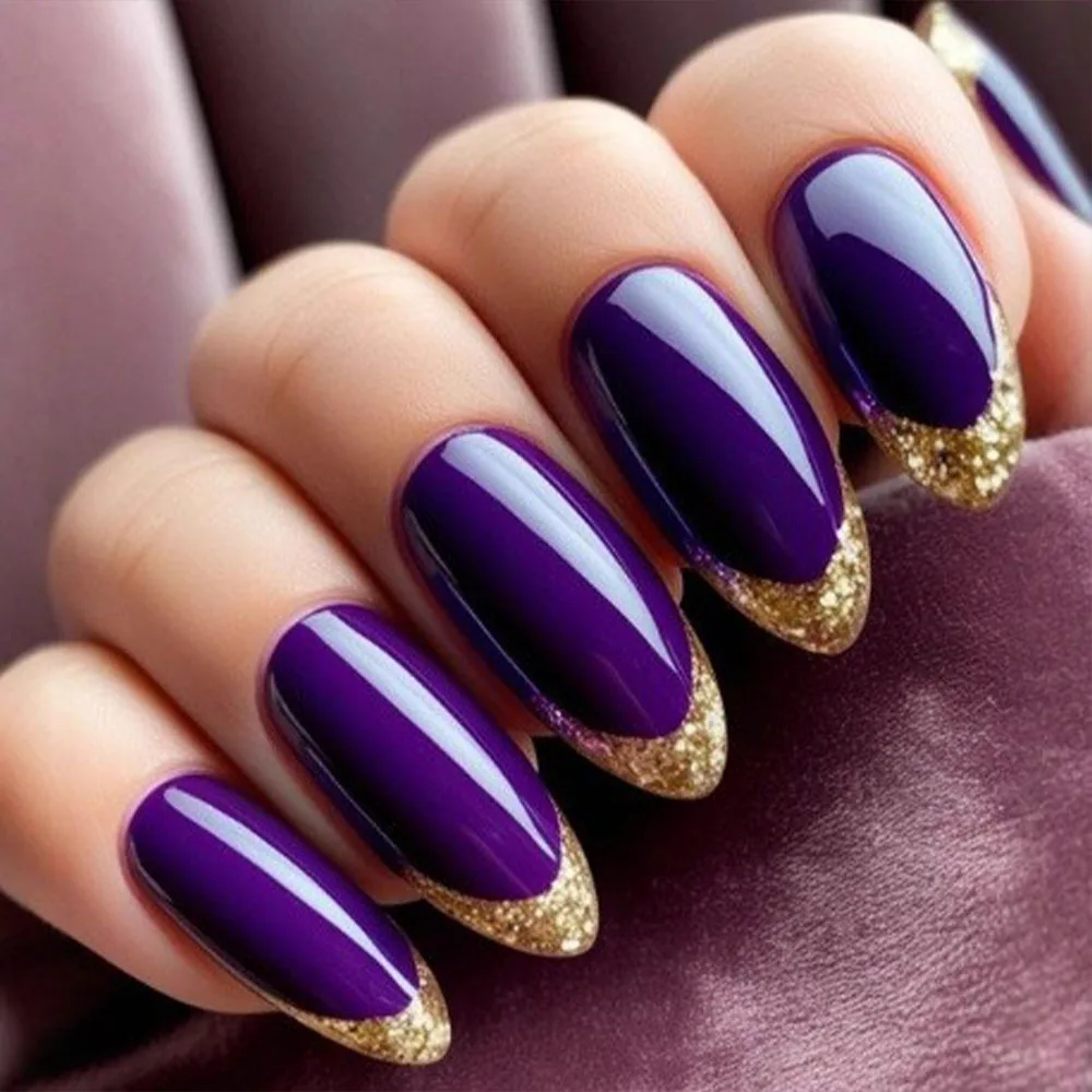 24pcs/set Short Medium Long fake nails golden purple sparkling glitter Square almond ballet tips press on false nail art