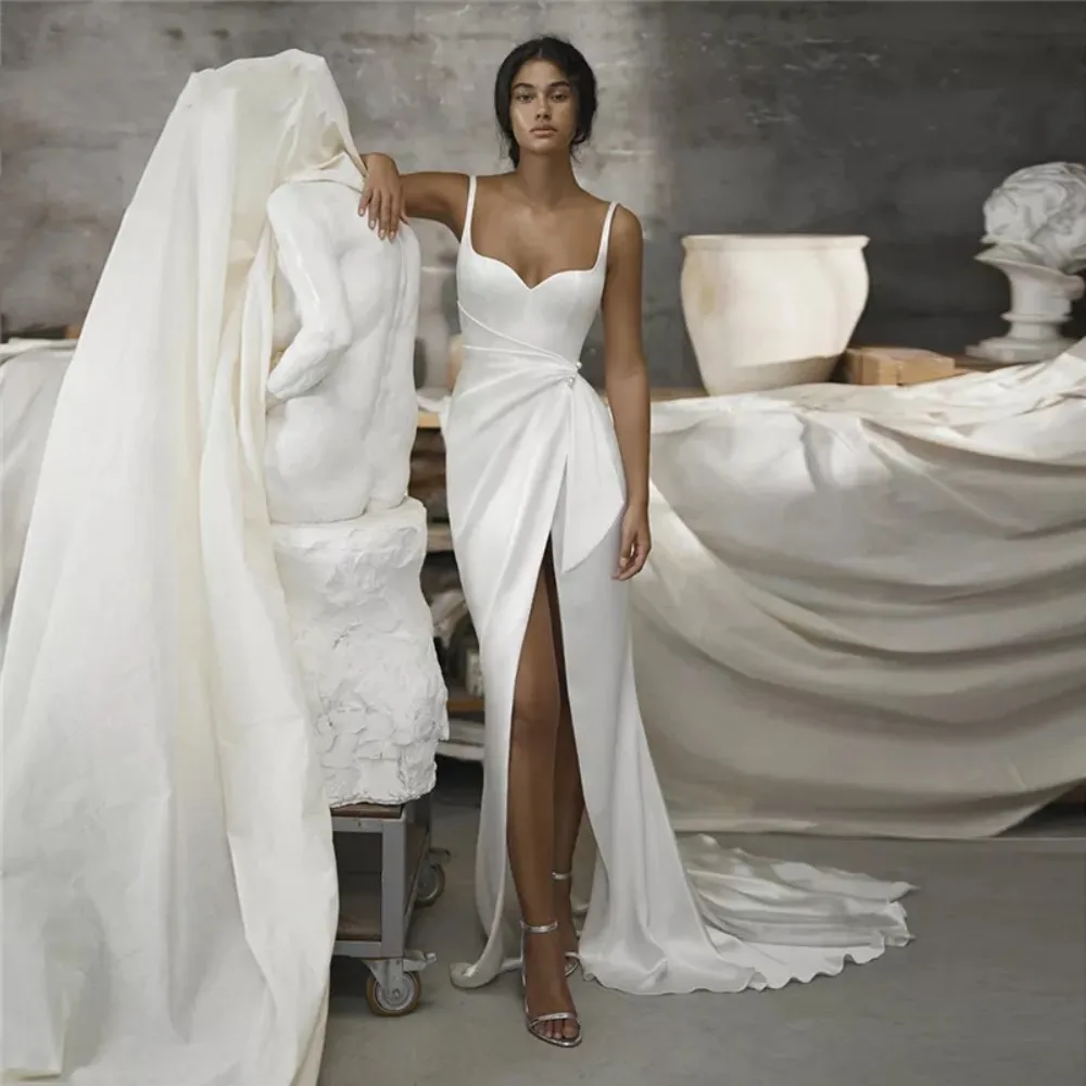 Robe de Mariée Sirène Personnalisée en Satin, Simple, Dos aux, Fente Latérale, Style Boho, pour Patients Bohèmes, Quelle que soit la Tenue Éducative, 2025