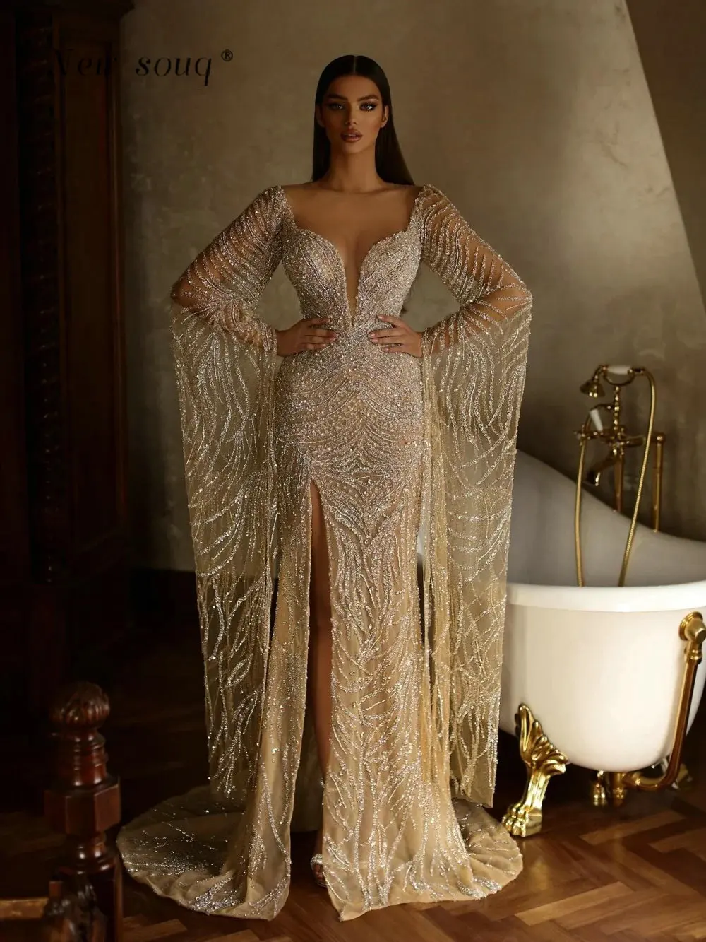 

Arabic Champagne Cape Sleeve Mermaid Prom Dresses with Side Slit Customized Dubai Formal Beaded Wedding Party Gowns for Females