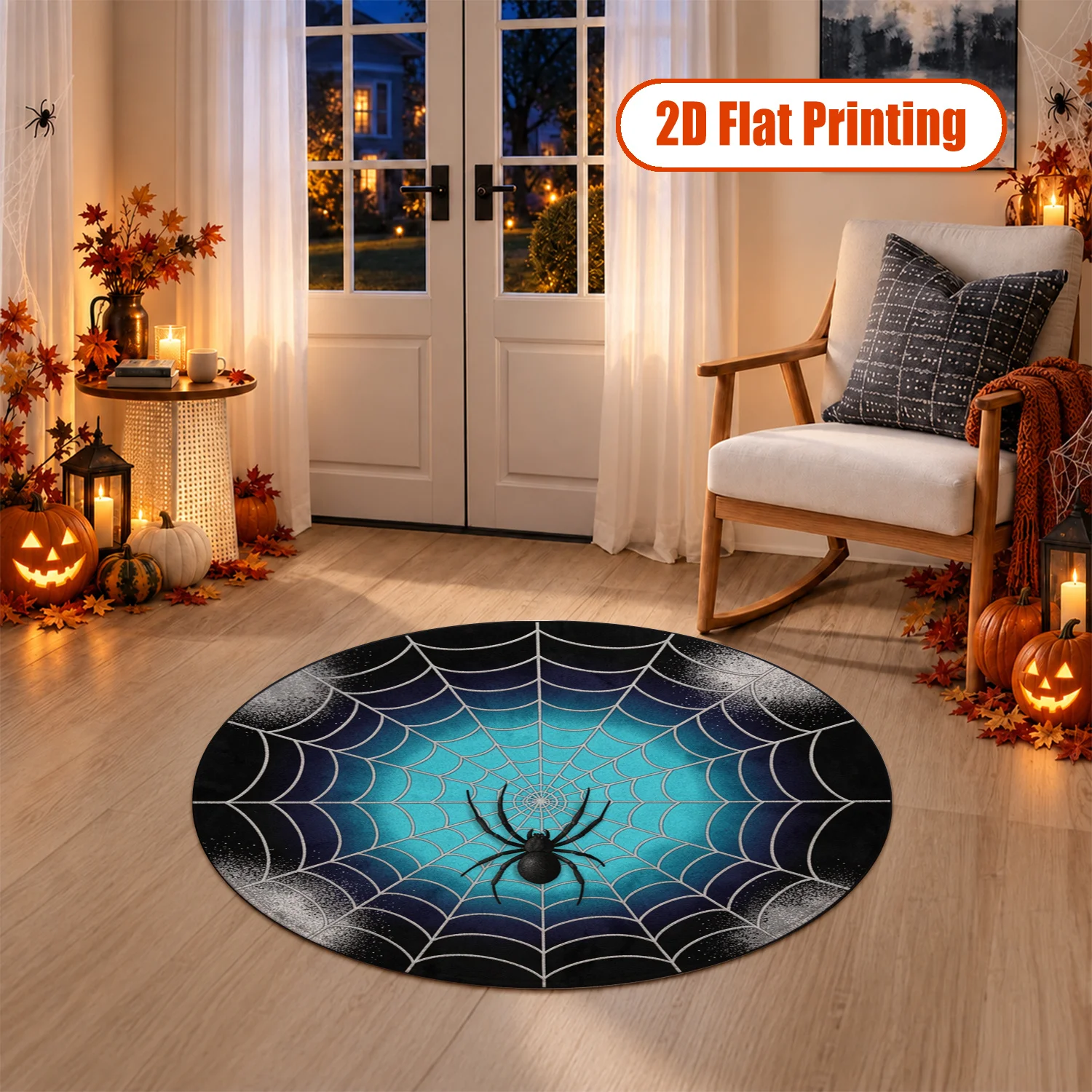Spider Web Black Spider Round Velvet Rug Machine Washable for Living Room Bedroom Entryway Halloween Thanksgiving Christmas New Year Black Friday Cyber Monday