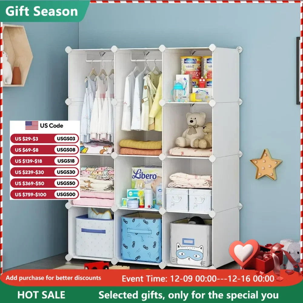 

Children's Wardrobe Organizer, Portable Wardrobe for Closets, Storage Rack (12 Cubes, White) Children's Wardrobe