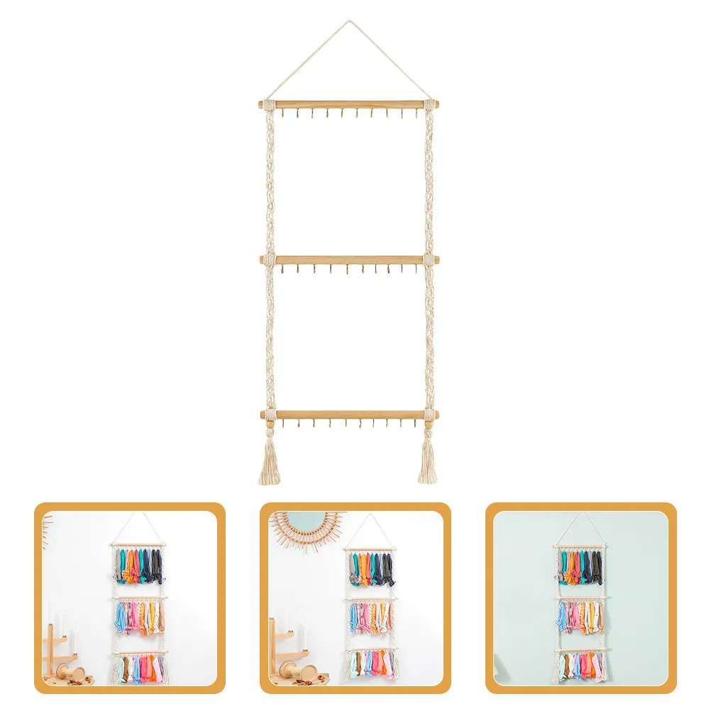 Hair Bow Holder Organizer Hanging Headdress Storage Rack Rope Metal Wood Headband Earring Holder Jewelry Display Rack Wall