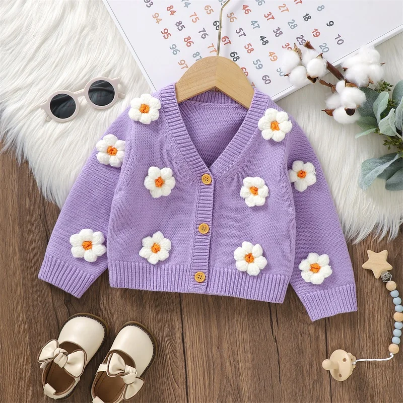 Newborn Baby Girls Sweater Coat 2023 Autumn Winter Fashion Flower Girls Knitted Cardigan Coat Outerwear Toddler Clothing