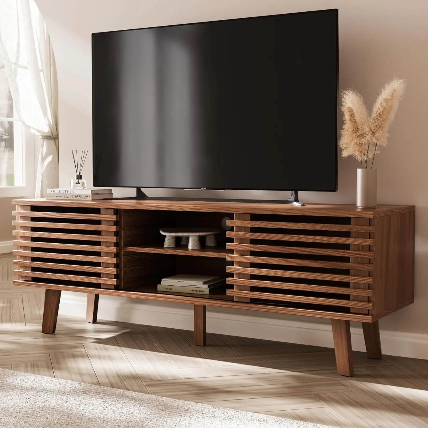 MAISONARIA Mid-Century Modern TV Stand for 50/55/60 inch TV, Retro Entertainment Center with Storage Cabinet & Sliding D