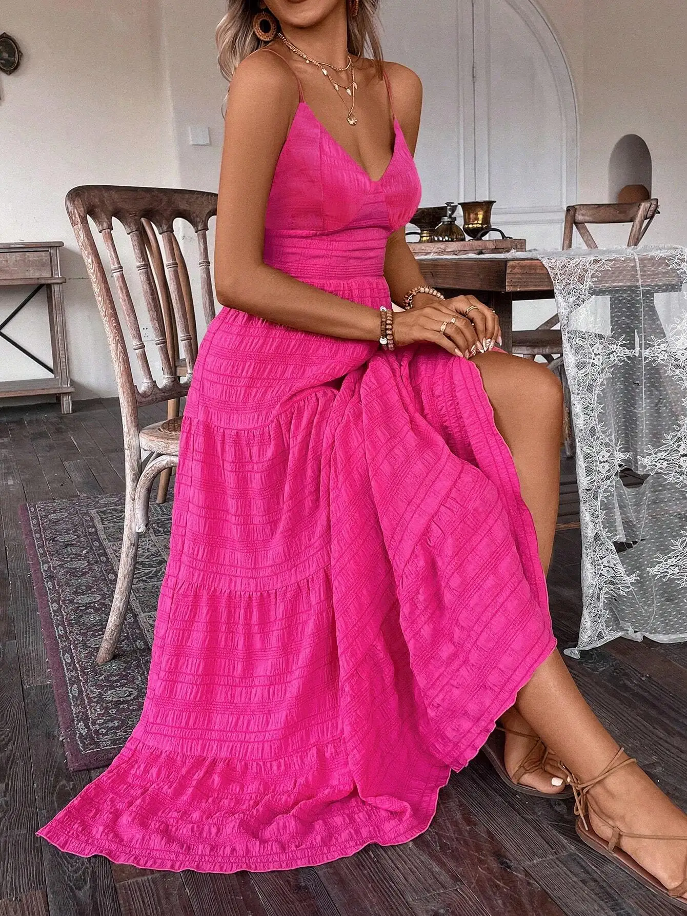 

Винтажное богемное многослойное макси-платье с бантом для женщин