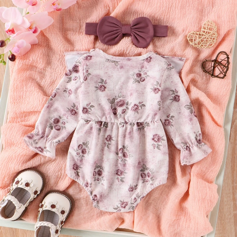 Newborn Girl Outfit Long Sleeve Crew Neck Flower Print Romper with Hairband Fall Clothes