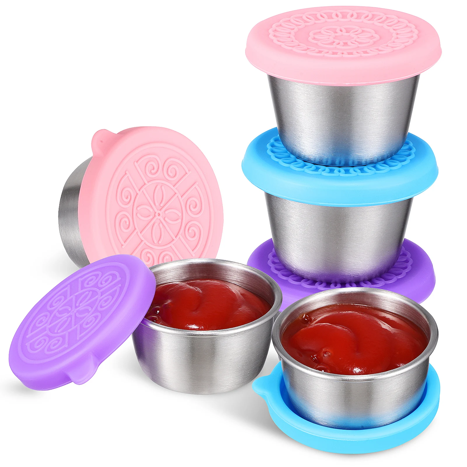 

6pcs Stainless Steel Sauce Cups 304 Grade Purple Blue Pink 50ml 70ml Silicone Lid Reusable Containers Kitchen Party BBQ