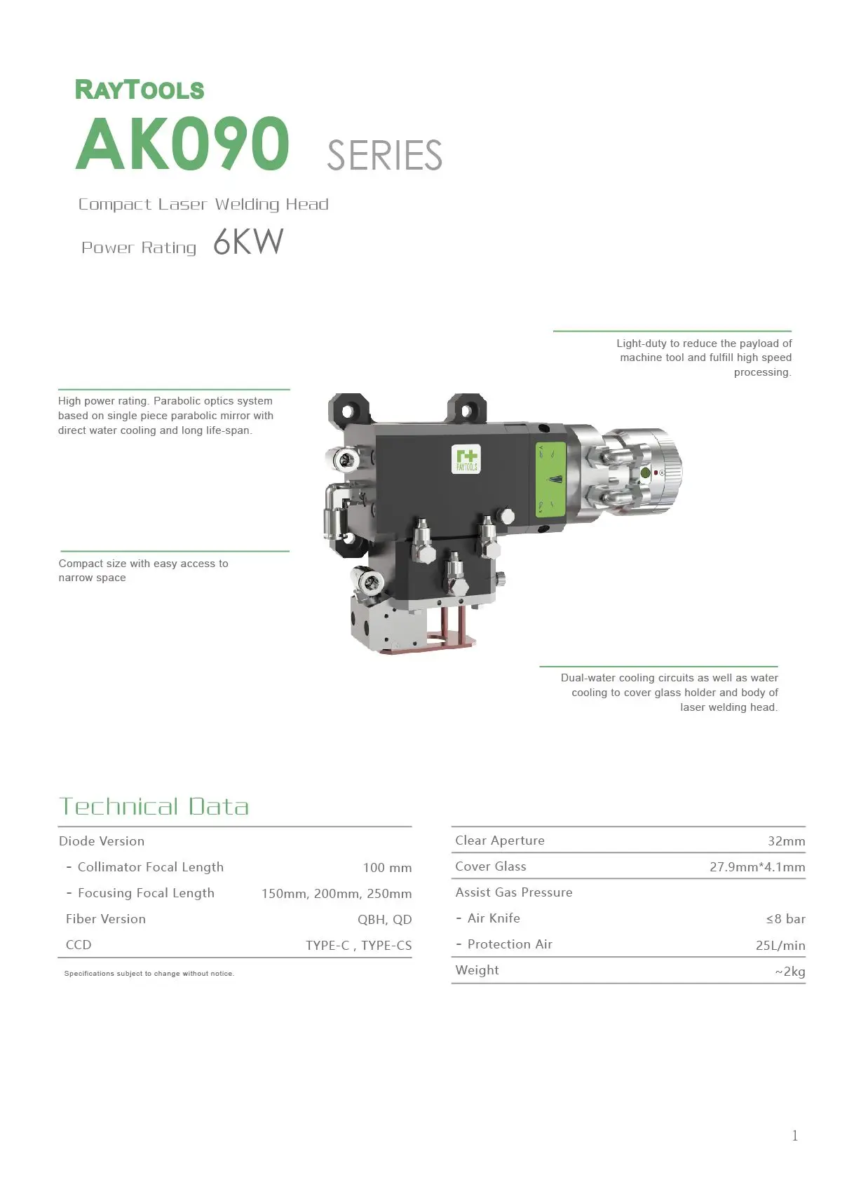 Raytools AK090 6KW High power  Welding Head with mini size,Parabolic optics system.