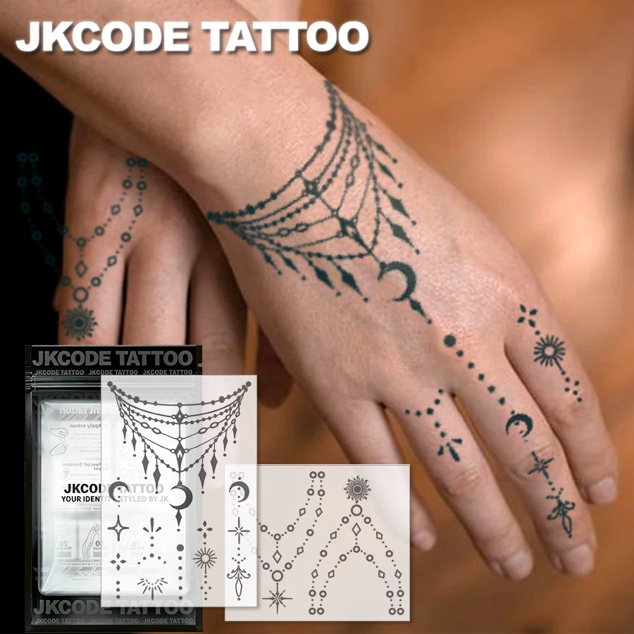 2-Piece Semi-Permanent Tattoo Set | Star and Moon Bracelet, Elegant Design, with Beads, Suitable for Hands and Ankles, Waterproof, Realistic Fake Tattoo, Plant Tattoo, Magic Tattoo, Lasts 1-2 Weeks, Ramadan Tattoo Suitable for Women, Perfect Gift.
