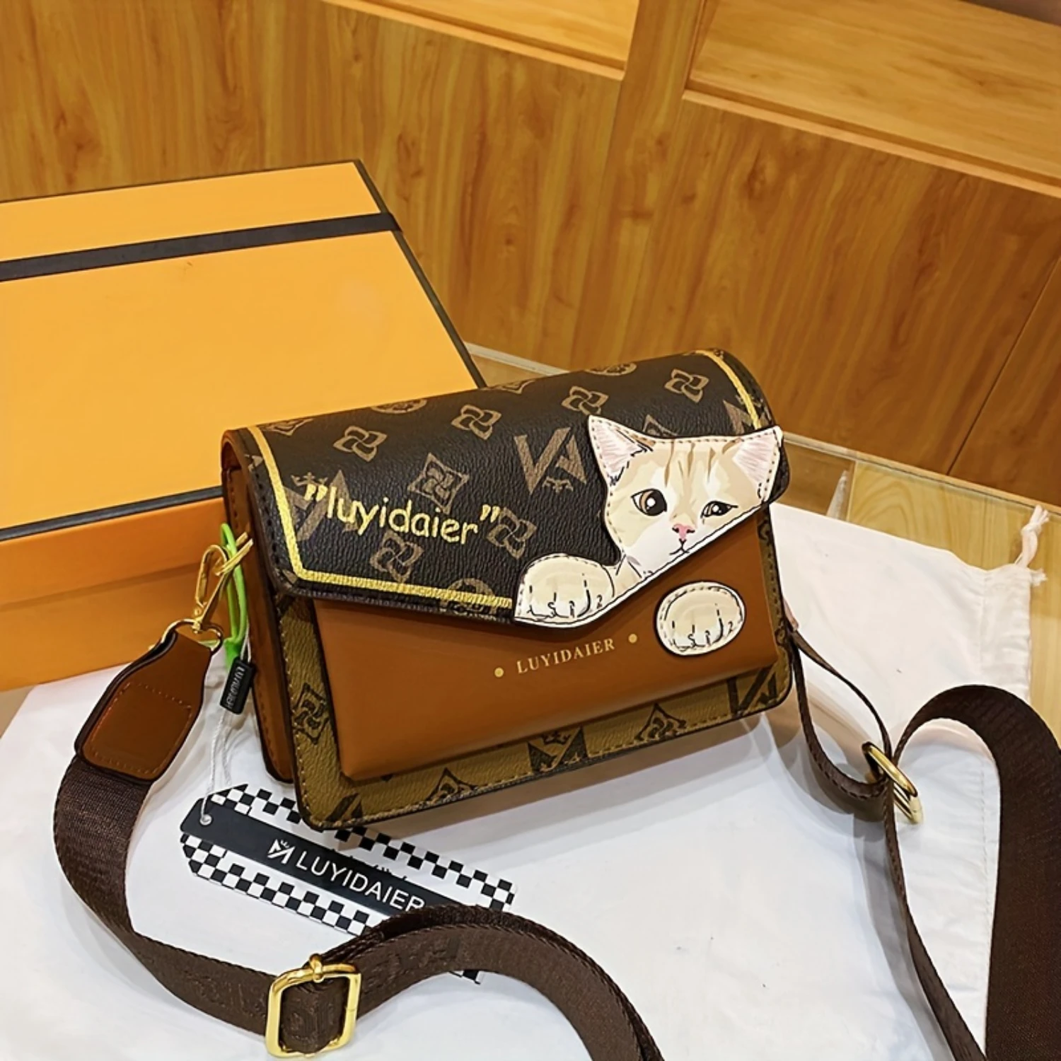 Shoulder Bag With Kawaii Cat Pattern, Mini Retro Plaid Pattern Crossbody Purse For Women
