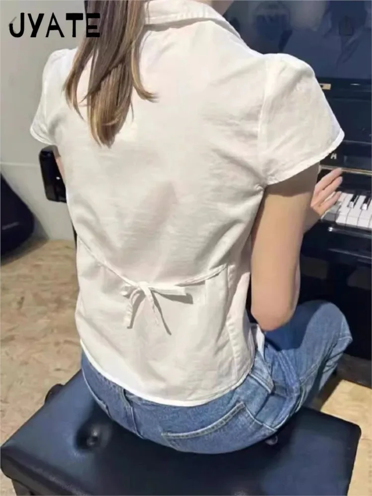 Back Lace-up White Blouse T-shirts Women Summer Casual Preppy Peter Pan Collar Short Sleeve Tees Cute Sweet Slim Y2K Crop Tops