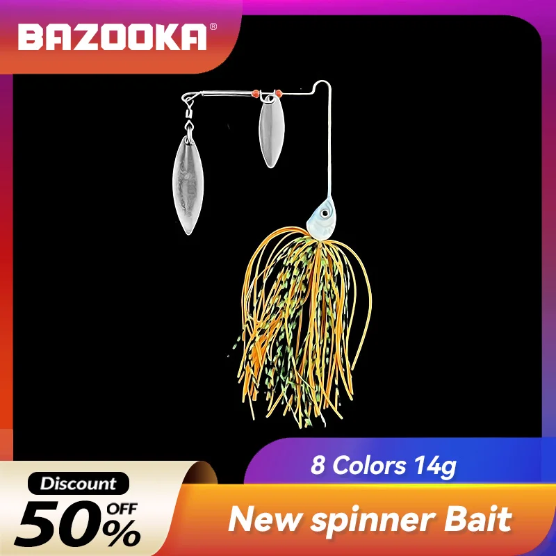 Bazooka-Leurre de pêche avec tête plombée et paillettes rotatives, appât pour bar, brochet, doré, buzzbait, cuillère en métal, jupes en caoutchouc, wobJeff, 14g