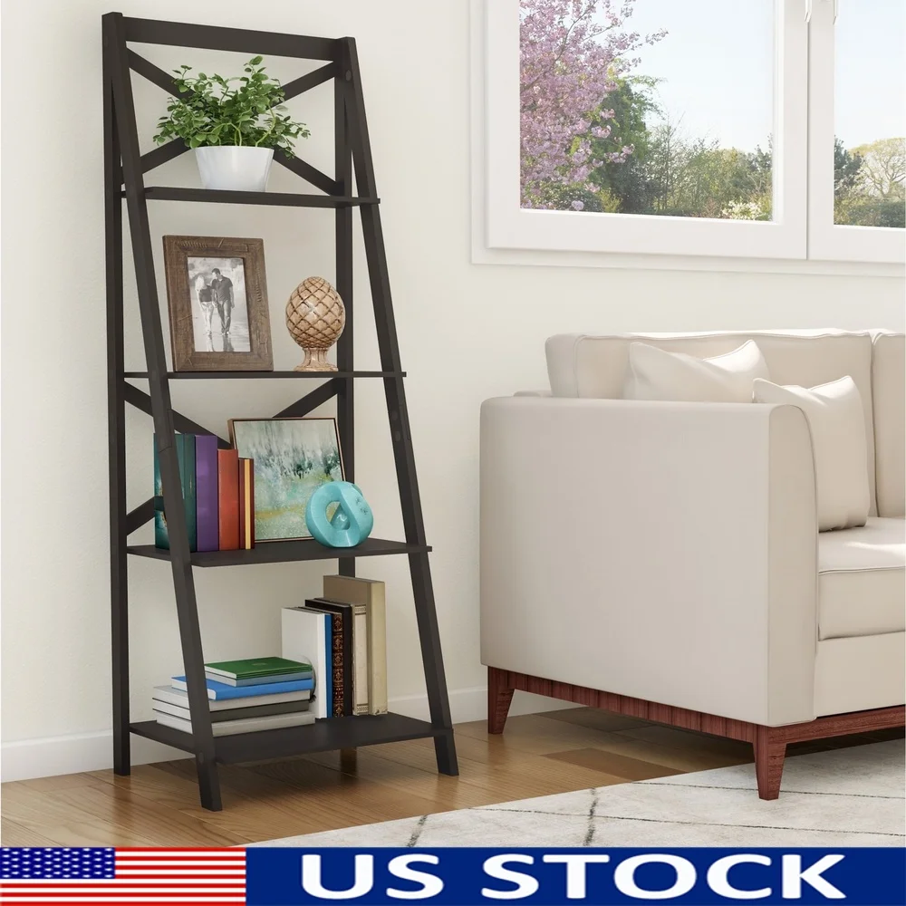 

4-Tier Freestanding Ladder Bookshelf with X-Back Frame Sturdy Display Unit Home Office Living Room Storage Organizer
