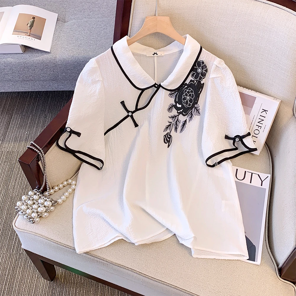 Summer new plus size women's Chinese style printing lapel shirt short-sleeved ladies loose casual retro blouse 2024 big