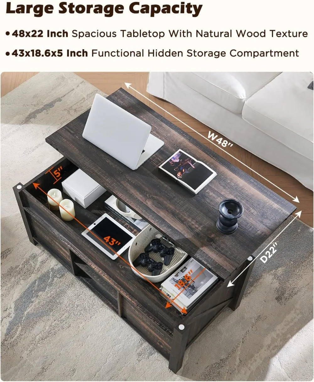 48" Farmhouse Lift Top Coffee Table with Sliding Barn Door,Rustic Center Table with Hidden Storage Compartment,Lifting Tabletop