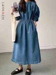 LANMREM Fashion Blue Denim Dress Women Round Neck Lantern Sleeves Drawstring A-line Dresses Casual 2024 Spring New 2AA4417