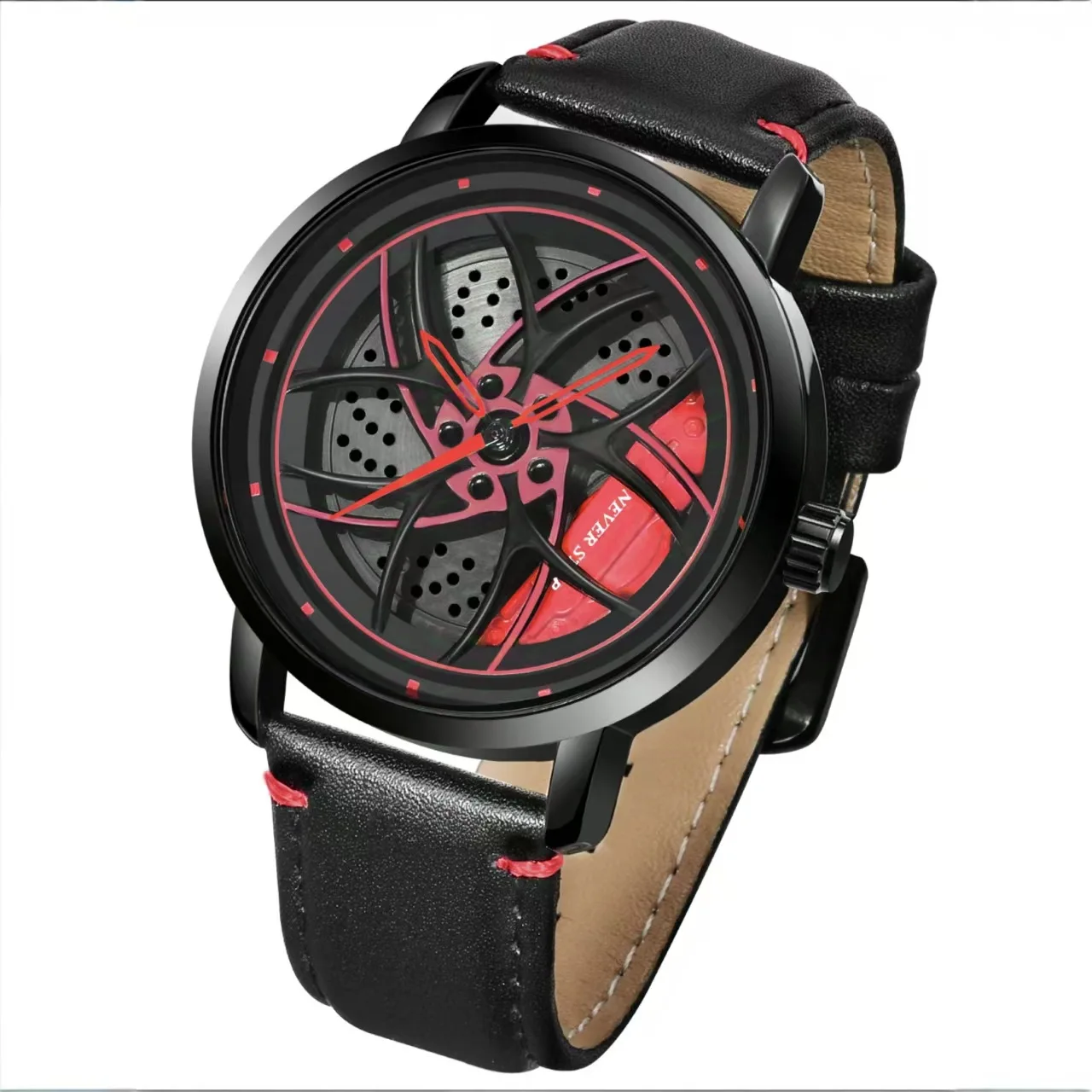 ساعة كوارتز بنمط رياضي للرجال مع حزام جلدي، قرص بتصميم عجلة قابل للدوران للمظهر المستوحى من السيارات