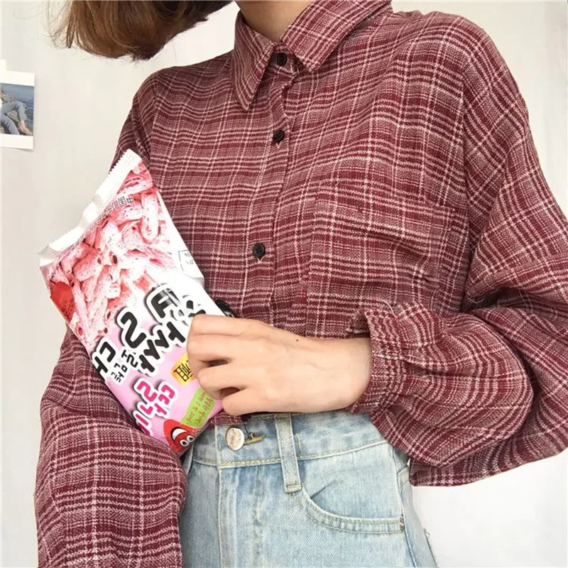 Blouses Women Classic Long Plaid Vintage Simple Student Korean Style Womens Shirts All-match Casual Soft Harajuku Fashion Daily