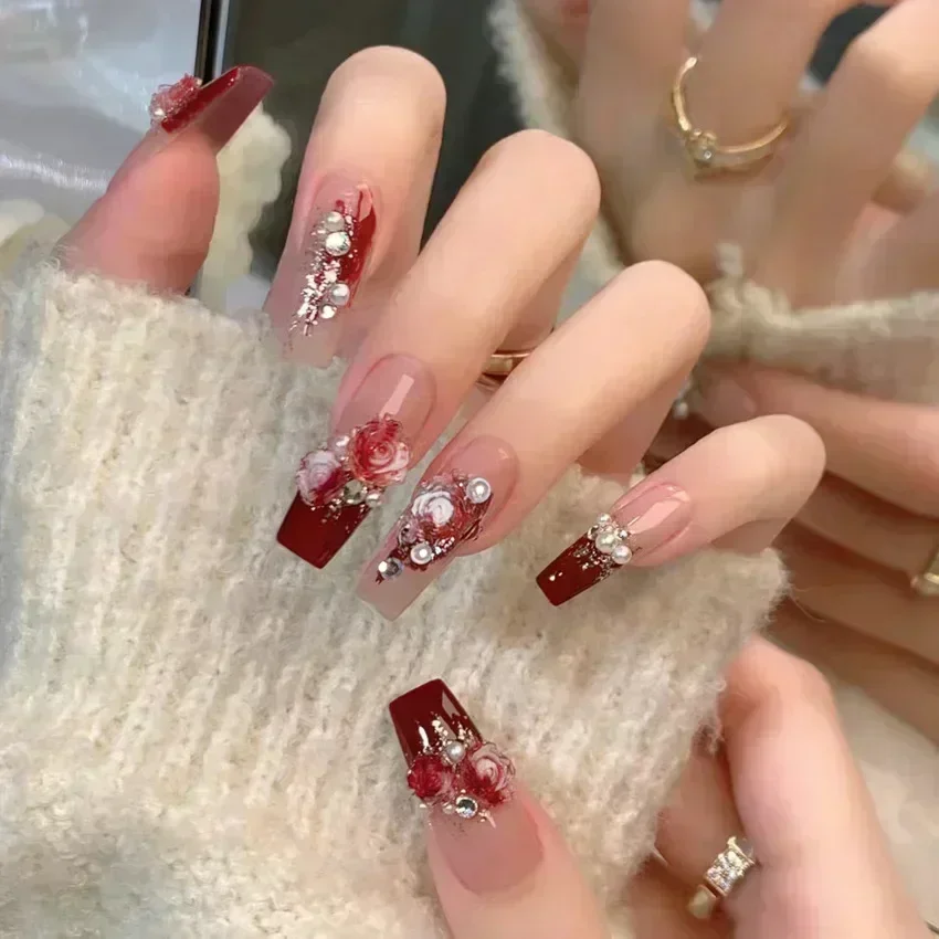 

24pcs Red Rose Fake Nails Long Flower Ballet Press on Nails Design French False Nail Full Cover Wearable Fake Nail Tips Art