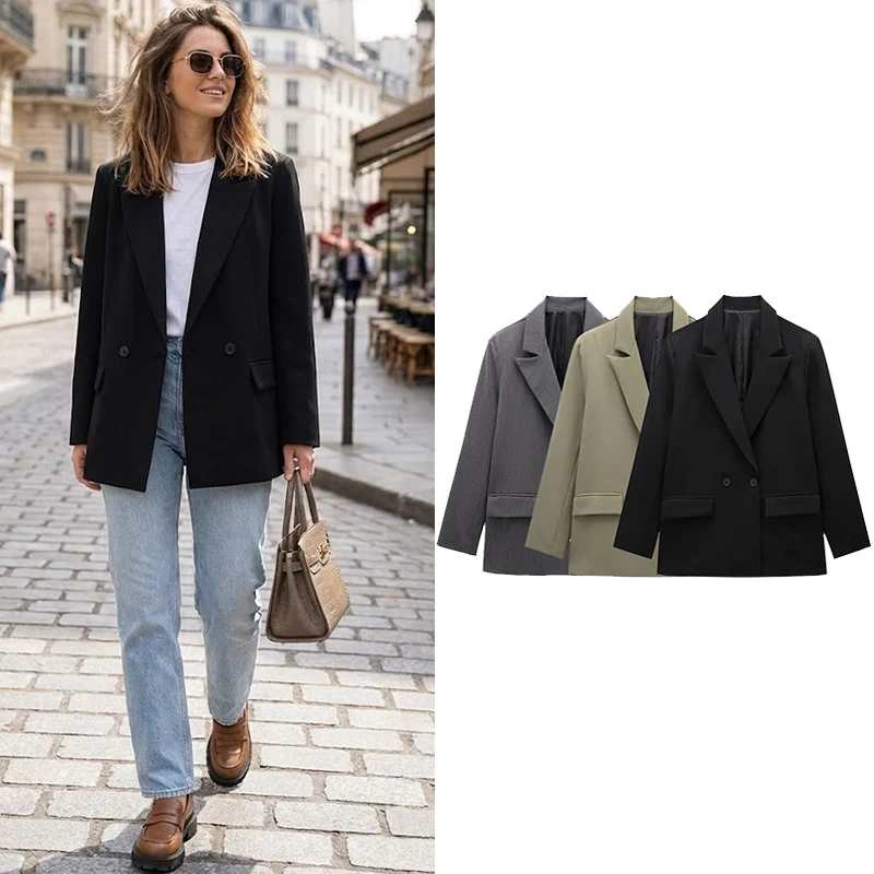 Willshela Women Fashion With Pockets Solid Double Breasted Blazer Vintage Long Sleeves Notched Neck Female Office Lady Outfits