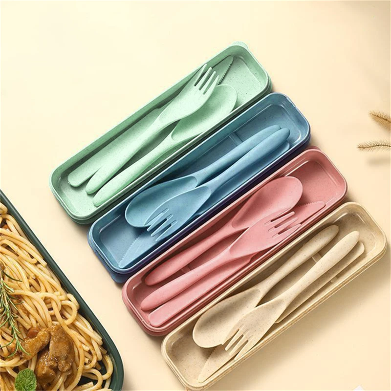 Travel Utensil Set with Case,  Wheat Straw Reusable Spoon Knife Forks Tableware, Eco Friendly Non-toxin BPA Free Portable